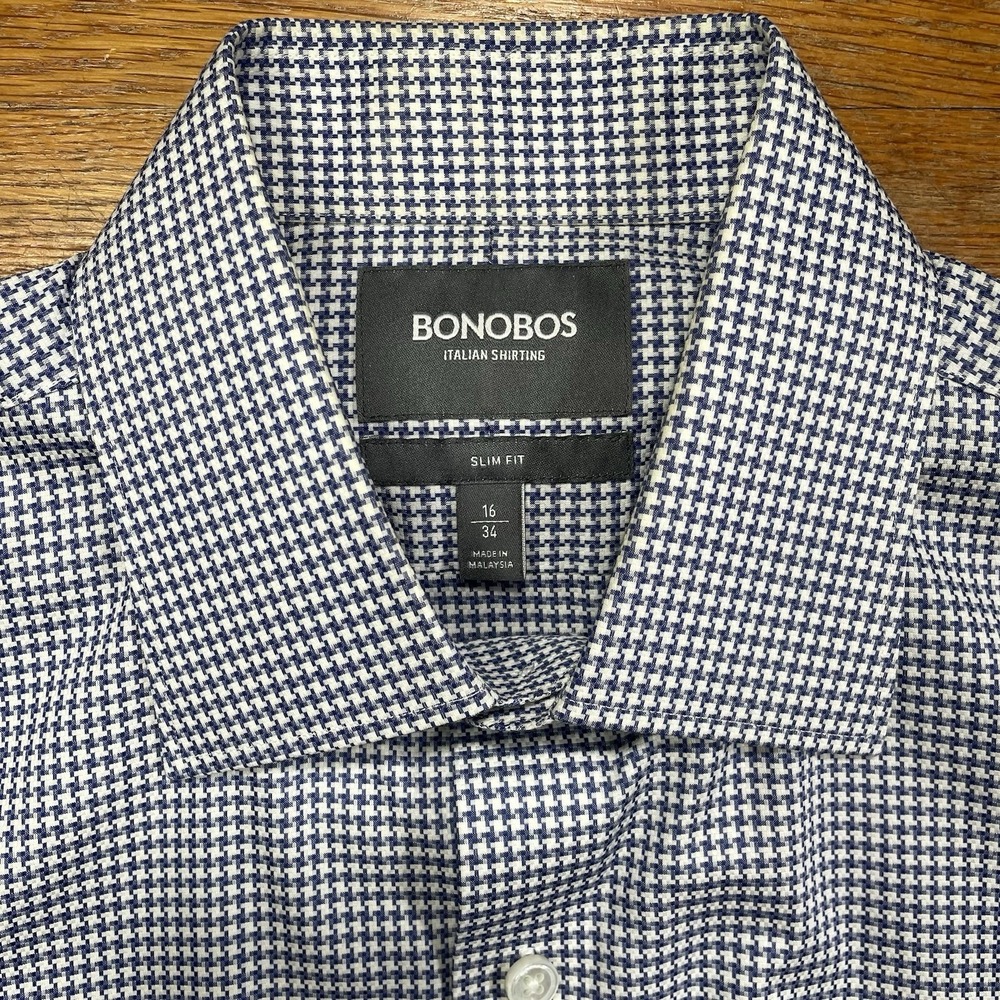 Bonobos Mens Button Up 16-34 Blue Houndstooth Woven Tailored Fit French‎ Cuff